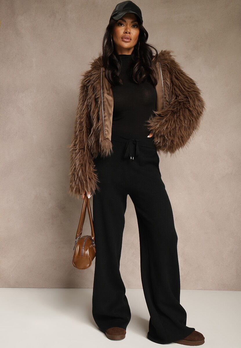 Czarne Szerokie Spodnie Dzianinowe Ozdobione Sznurkami Meretusa 2