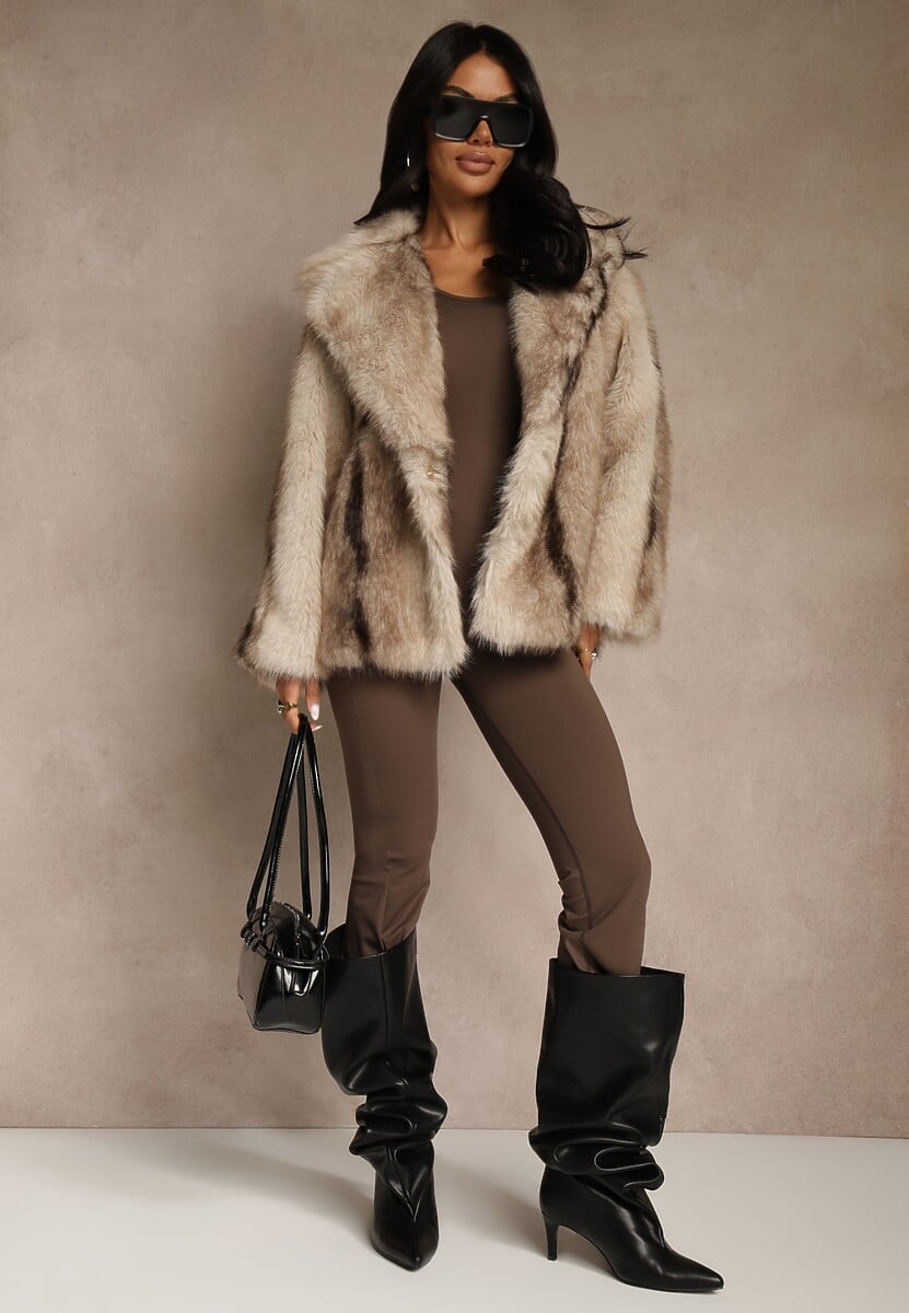 Szara Jednorzędowa Kurtka Futerko z Szerokim Kołnierzem Tesandra 2