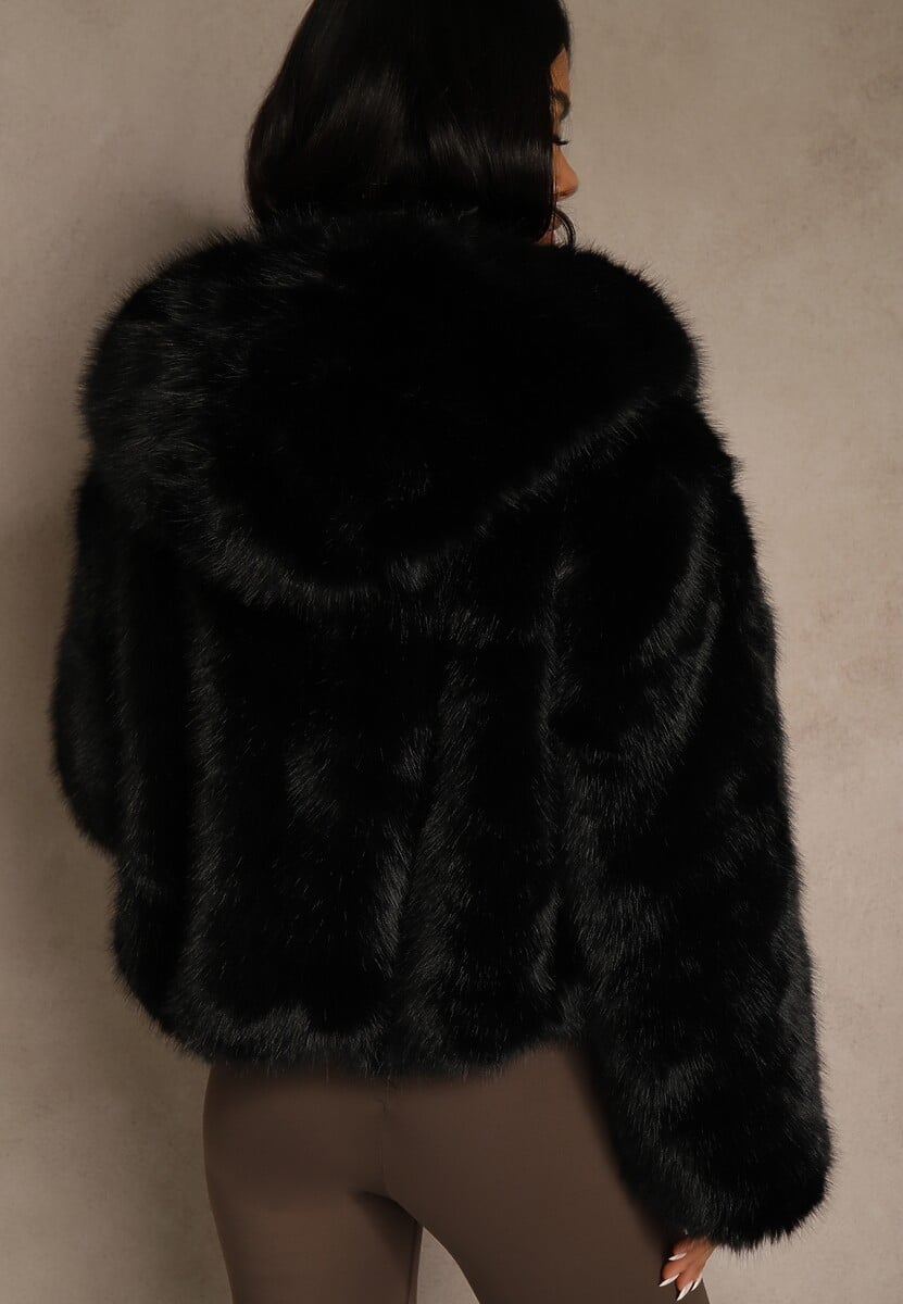 Czarna Kurtka Futro z Nieodpinanym Kapturem Zetera 3