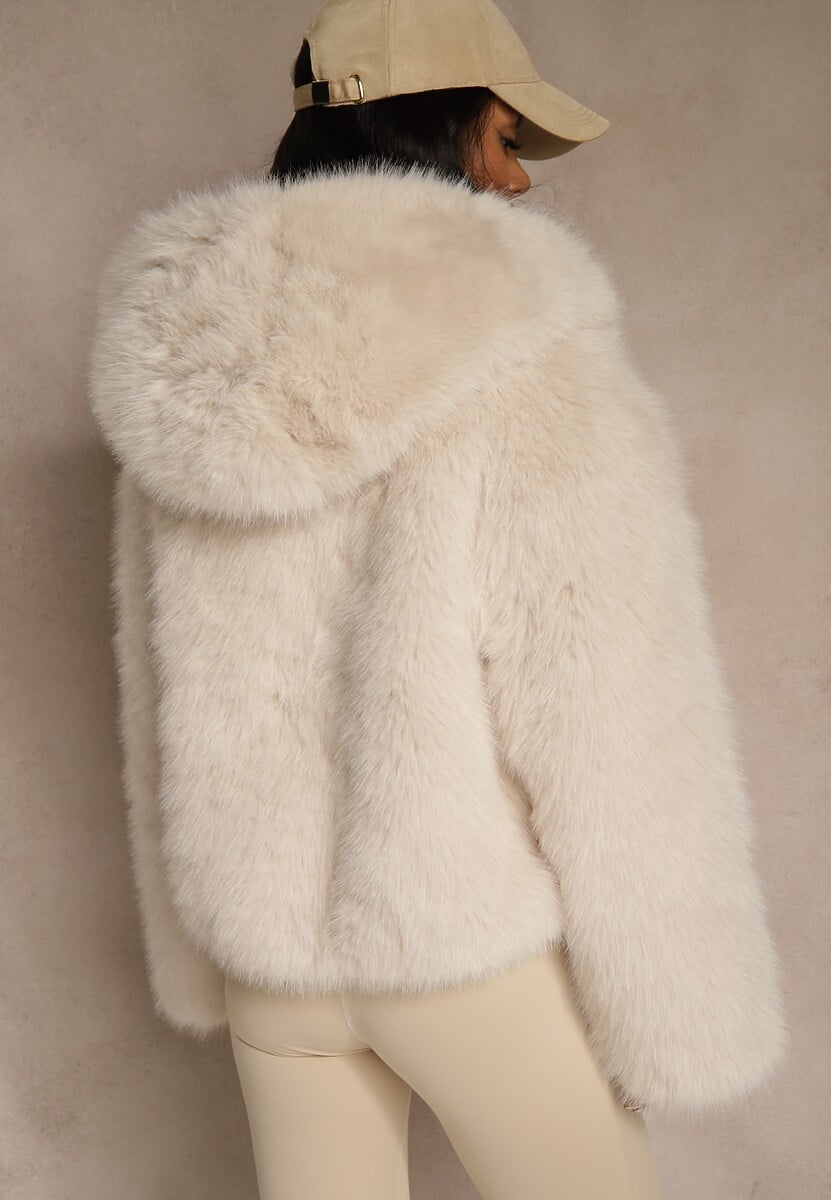 Beżowa Kurtka Futro z Nieodpinanym Kapturem Zetera 3