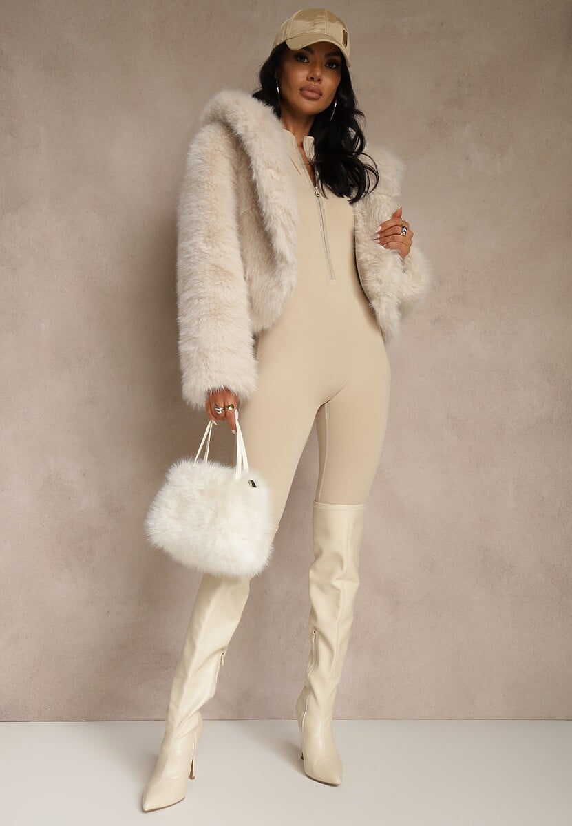 Beżowa Kurtka Futro z Nieodpinanym Kapturem Zetera 2