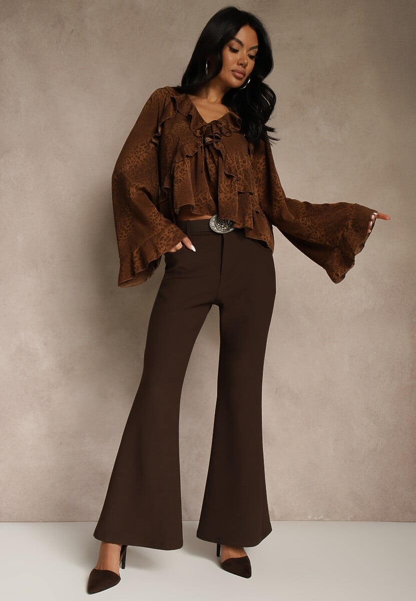 Brązowe Spodnie Flare z Wiskozy i Bawełny z Paskiem w Kowbojskim Stylu Tusiera 1