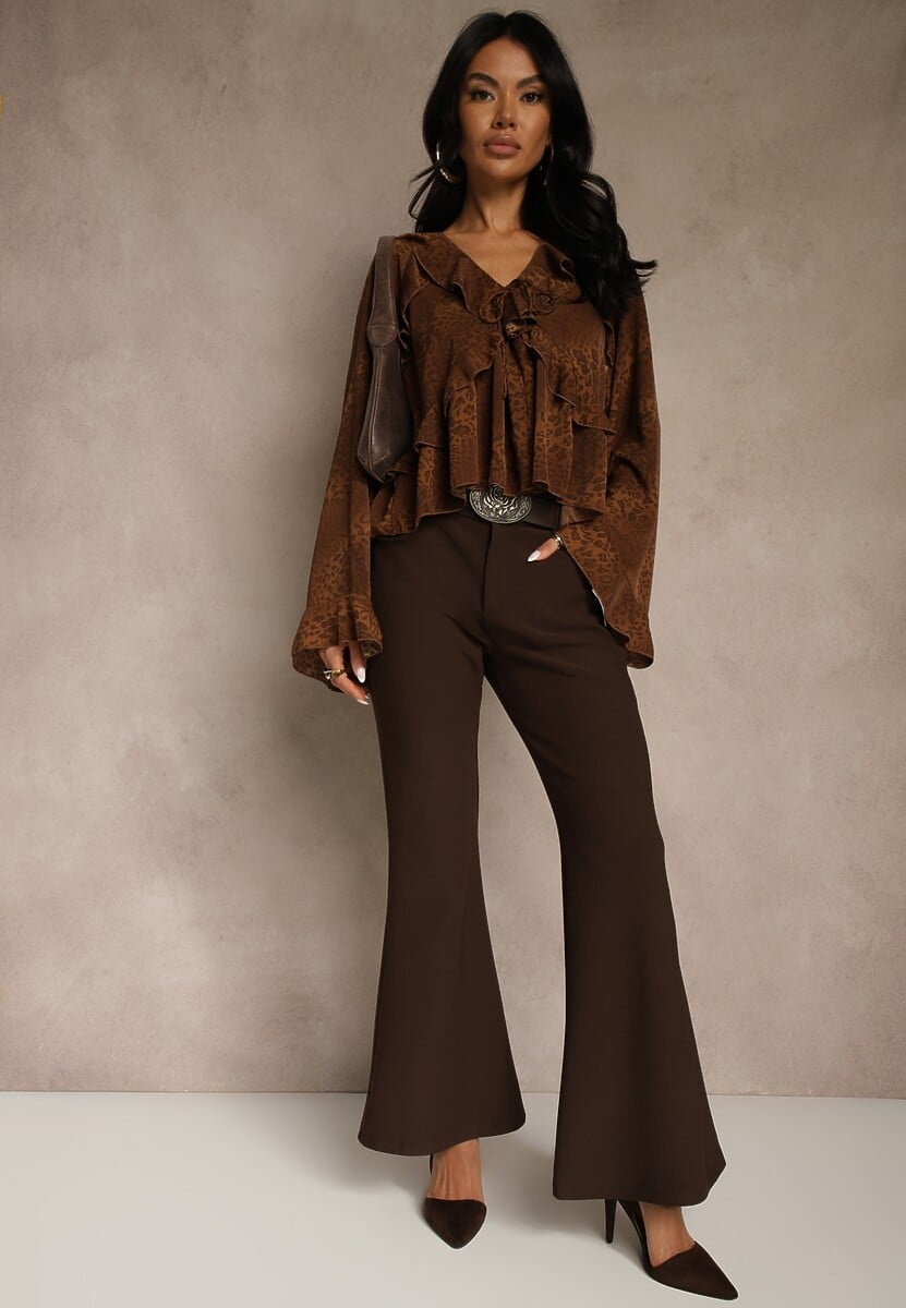 Brązowe Spodnie Flare z Wiskozy i Bawełny z Paskiem w Kowbojskim Stylu Tusiera 2