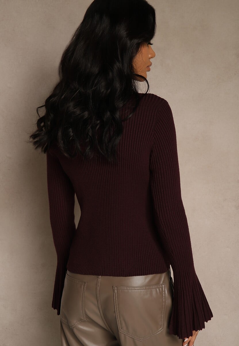 Bordowy Elegancki Prążkowany Kardigan z Wiskozą Guzikami i Rozszerzanymi Rękawami Otila 3