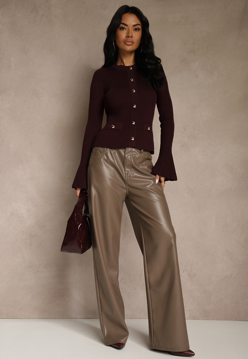 Bordowy Elegancki Prążkowany Kardigan z Wiskozą Guzikami i Rozszerzanymi Rękawami Otila 2