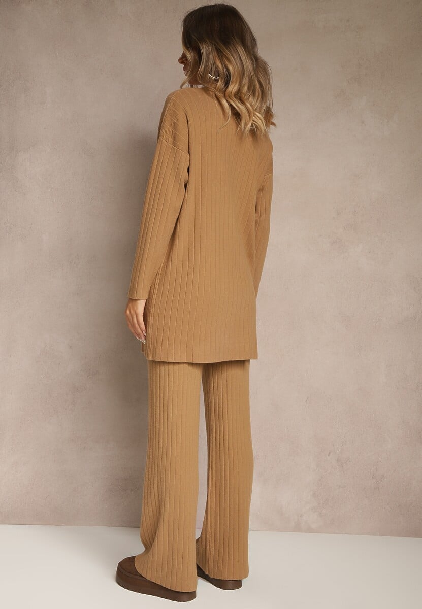 Brązowy Komplet Prążkowany z Bawełną Sweter Oversize i Szerokie Spodnie Wedorena 3