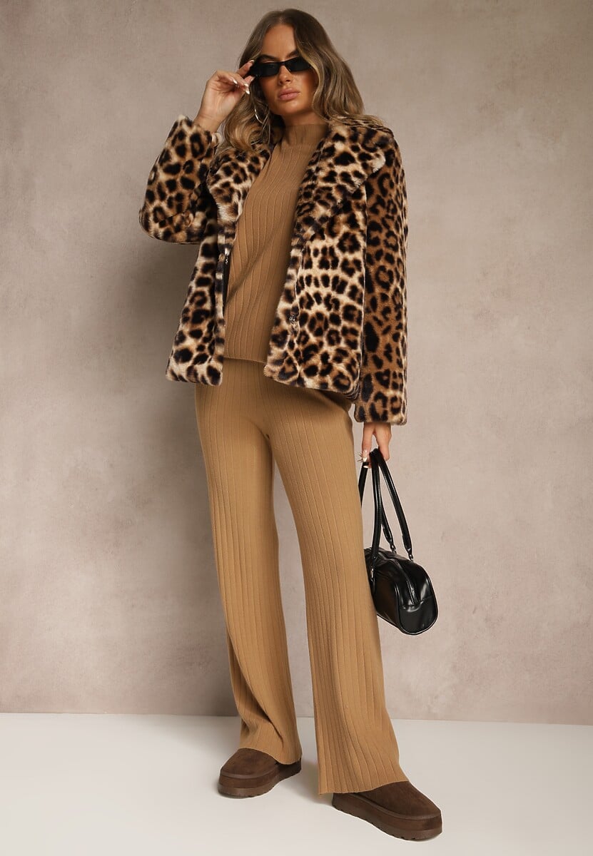 Brązowy Komplet Prążkowany z Bawełną Sweter Oversize i Szerokie Spodnie Wedorena 2