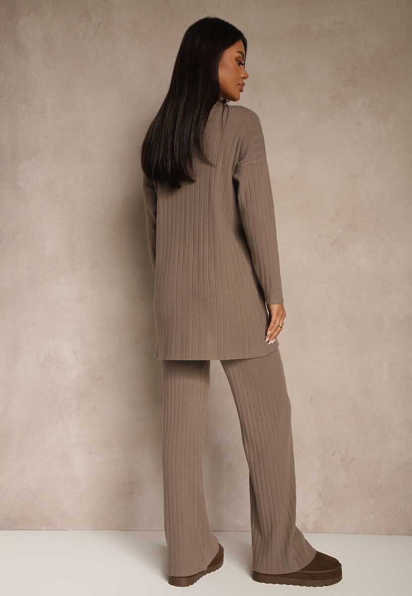 Ciemnobeżowy Komplet Prążkowany z Bawełną Sweter Oversize i Szerokie Spodnie Wedorena 3