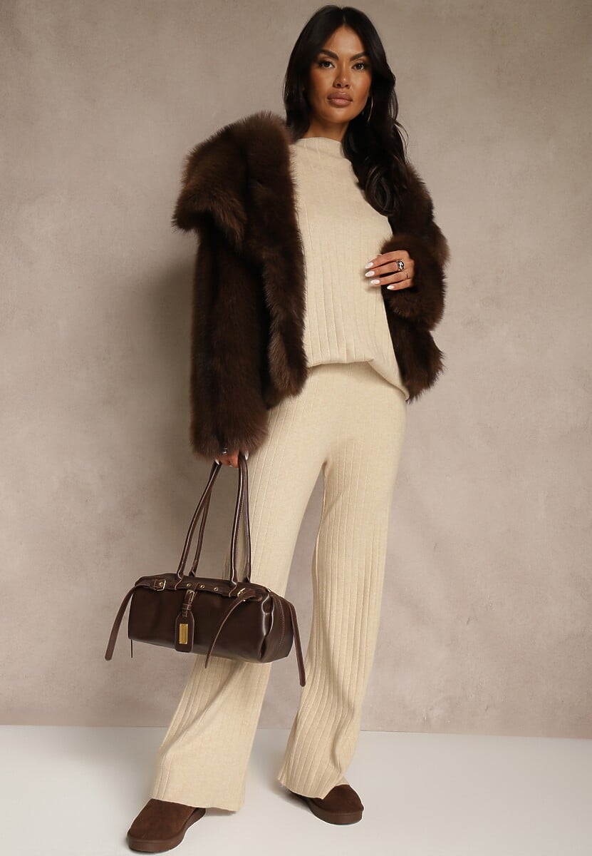 Beżowy Komplet Prążkowany z Bawełną Sweter Oversize i Szerokie Spodnie Wedorena 2