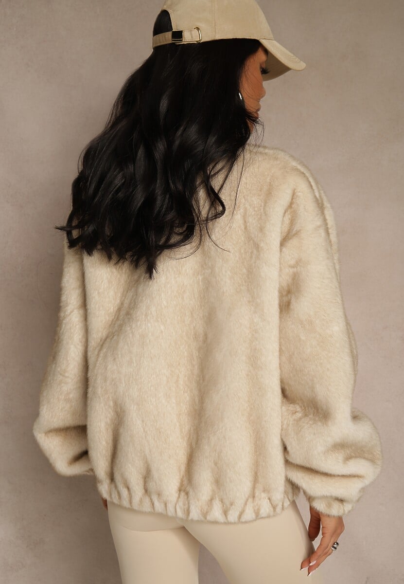 Beżowa Futrzana Kurtka Bomberka z Kieszeniami Tiwedela 3