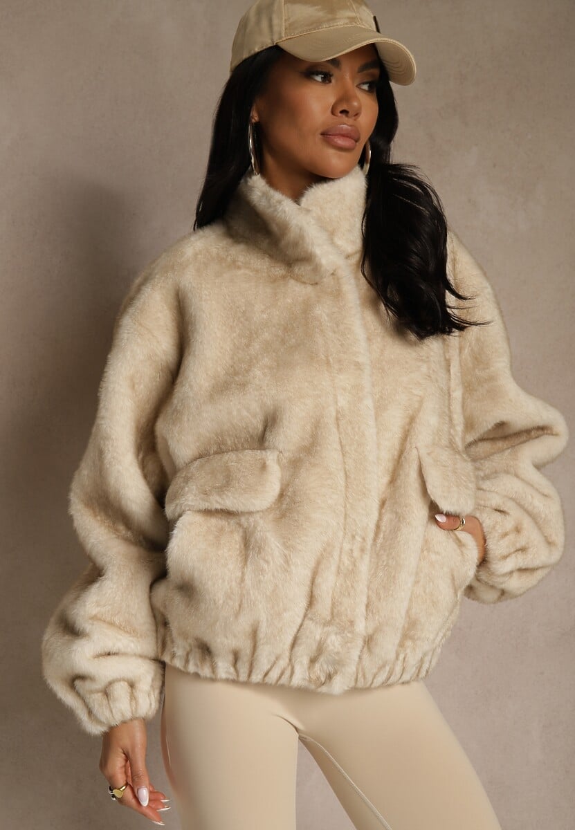 Beżowa Futrzana Kurtka Bomberka z Kieszeniami Tiwedela 1