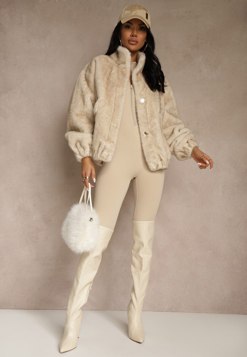 Beżowa Futrzana Kurtka Bomberka z Kieszeniami Tiwedela 2