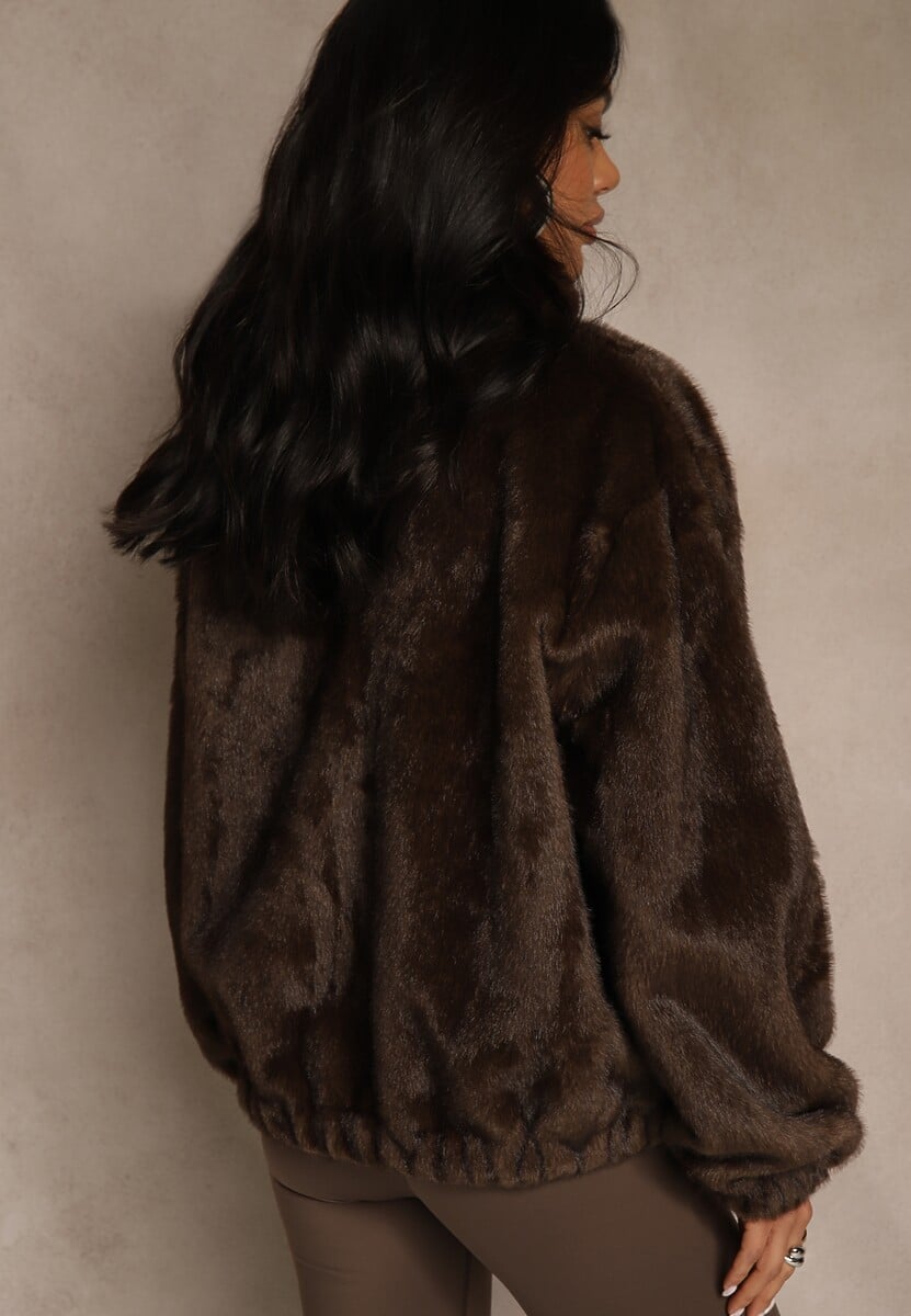 Brązowa Futrzana Kurtka Bomberka z Kieszeniami Tiwedela 3