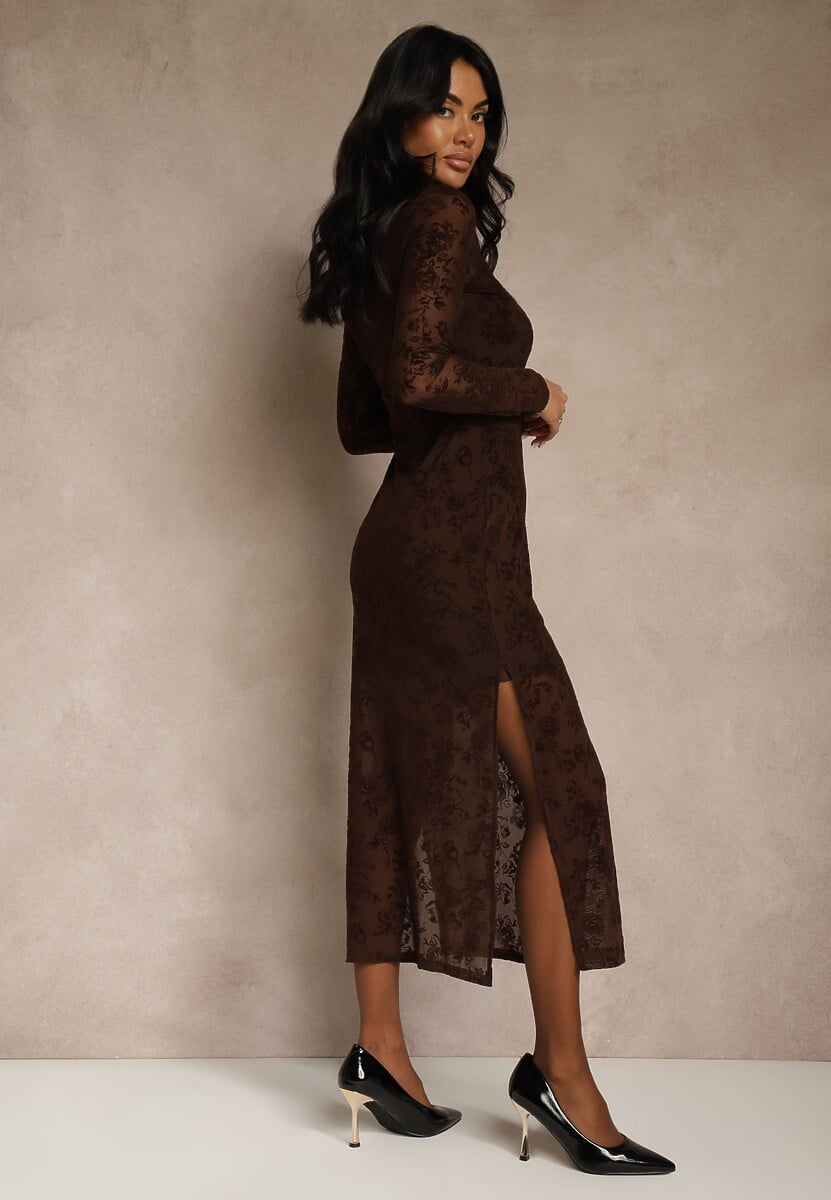 Brązowa Sukienka z Domieszką Wiskozy Ozdobiona Welurowym Nadrukiem Vetionne 3