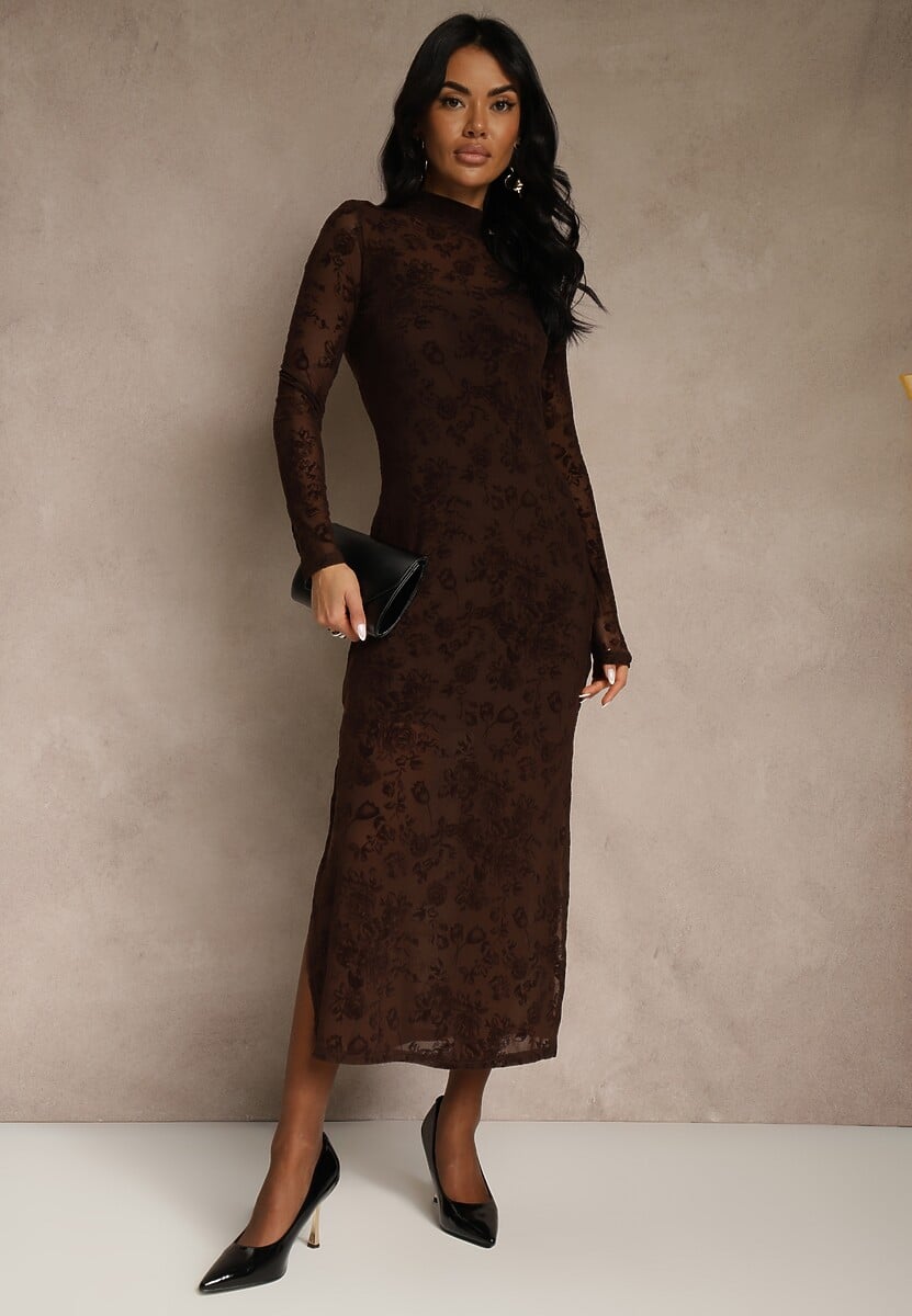 Brązowa Sukienka z Domieszką Wiskozy Ozdobiona Welurowym Nadrukiem Vetionne 1