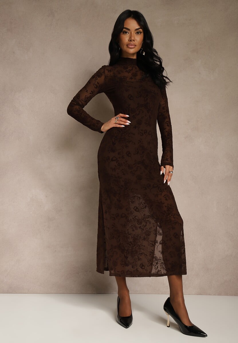 Brązowa Sukienka z Domieszką Wiskozy Ozdobiona Welurowym Nadrukiem Vetionne 2