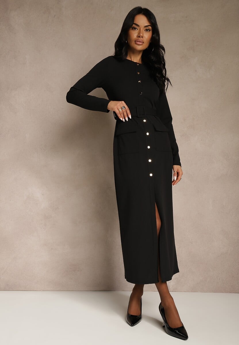 Czarna Koszulowa Sukienka z Wiskozą Ozdobiona Paskiem i Guzikami Vetionna 2