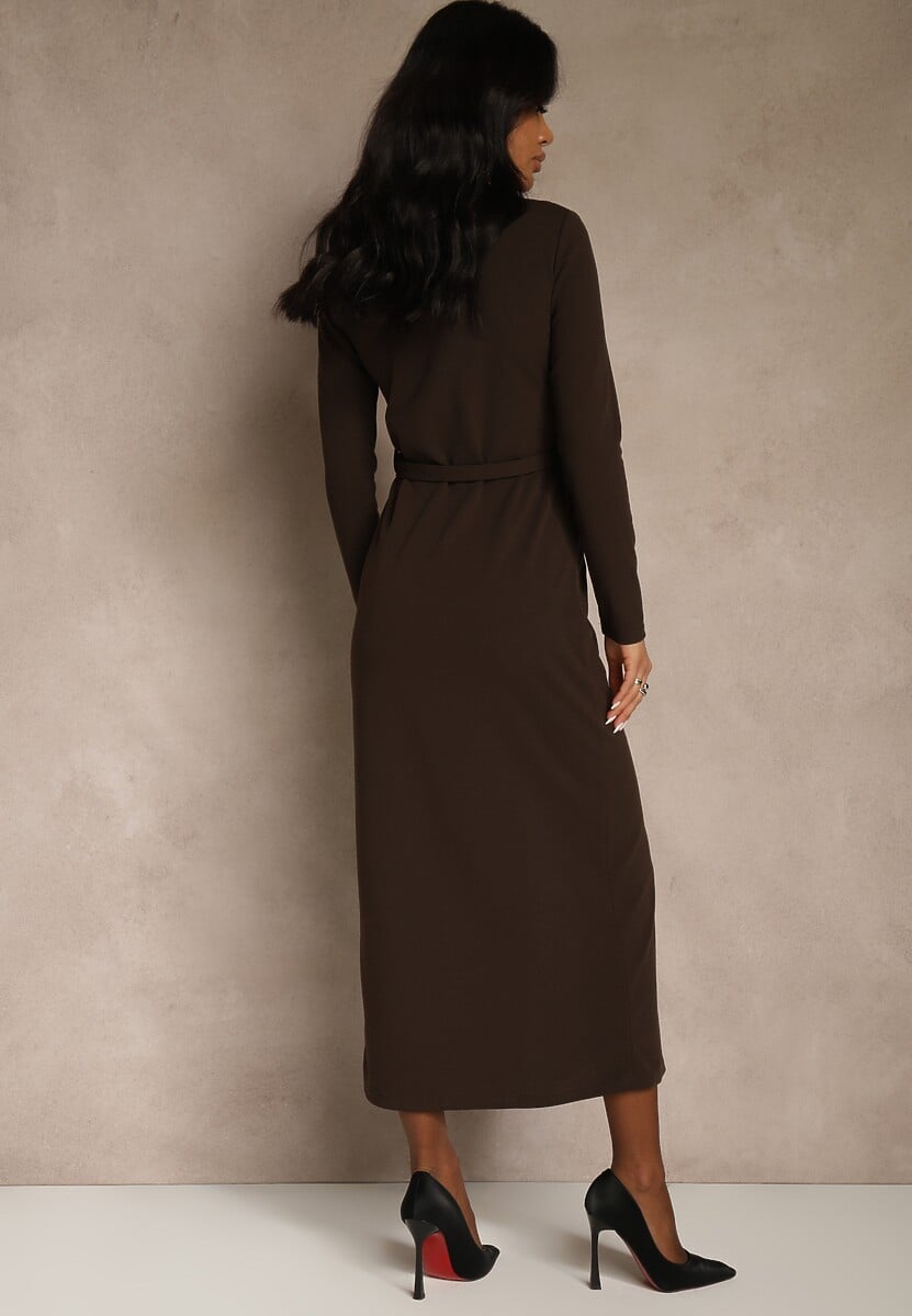 Brązowa Koszulowa Sukienka z Wiskozą Ozdobiona Paskiem i Guzikami Vetionna 3