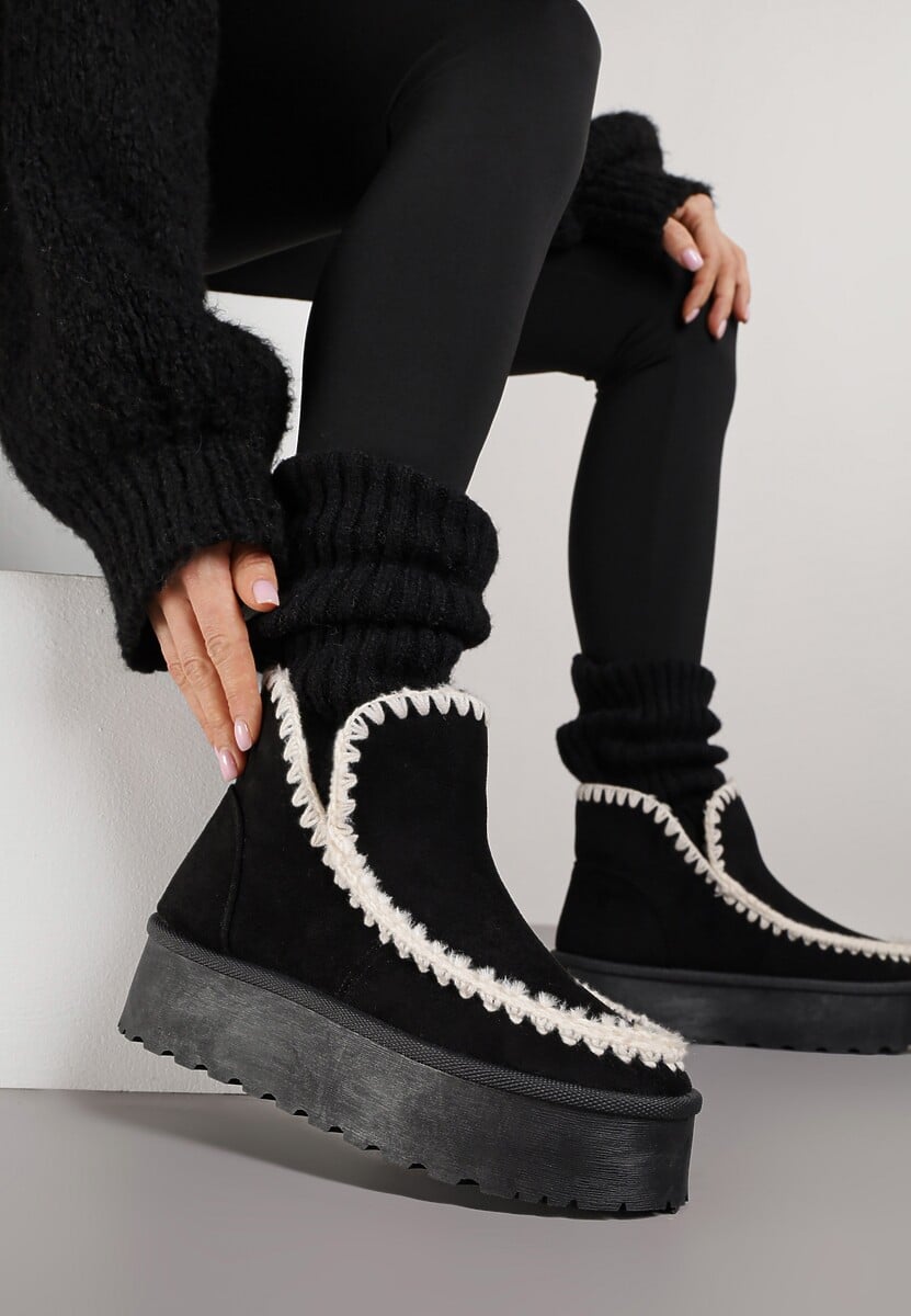 Czarne Śniegowce na Platformie Ozdobione Haftowanym Wzorem Naretusa 1