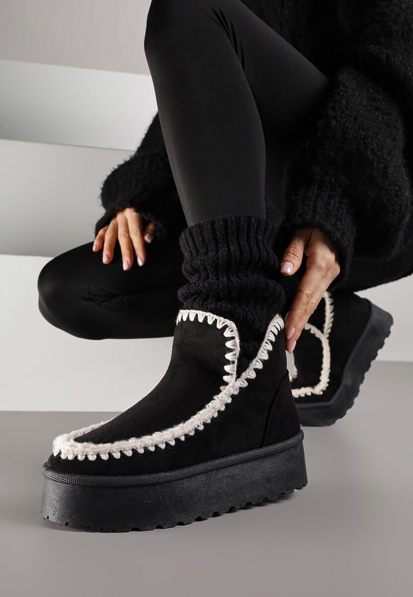 Czarne Śniegowce na Platformie Ozdobione Haftowanym Wzorem Naretusa 2