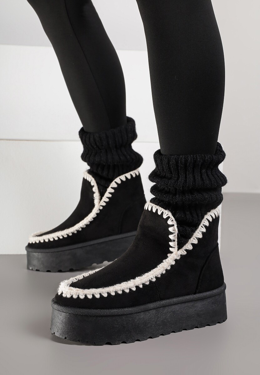 Czarne Śniegowce na Platformie Ozdobione Haftowanym Wzorem Naretusa 3