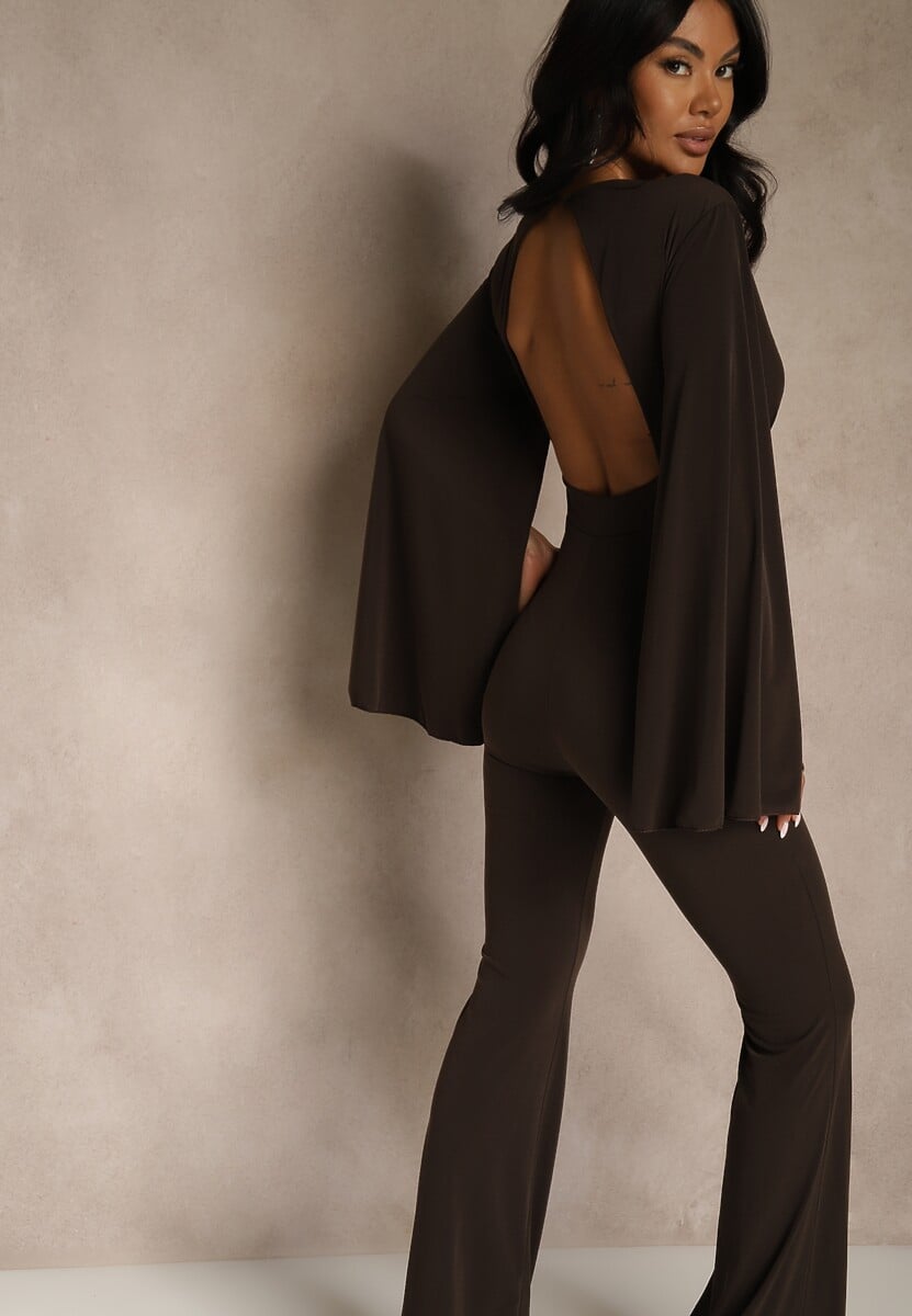 Brązowy Dopasowany Kombinezon z Rozkloszowanymi Rękawami i Głębokim Dekoltem Andrika 2
