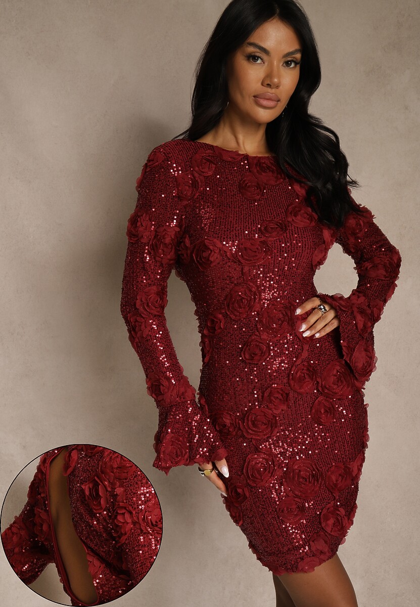 Bordowa Dopasowana Sukienka Ozdobiona Cekinami i Kwiatami 3D Raweda 1