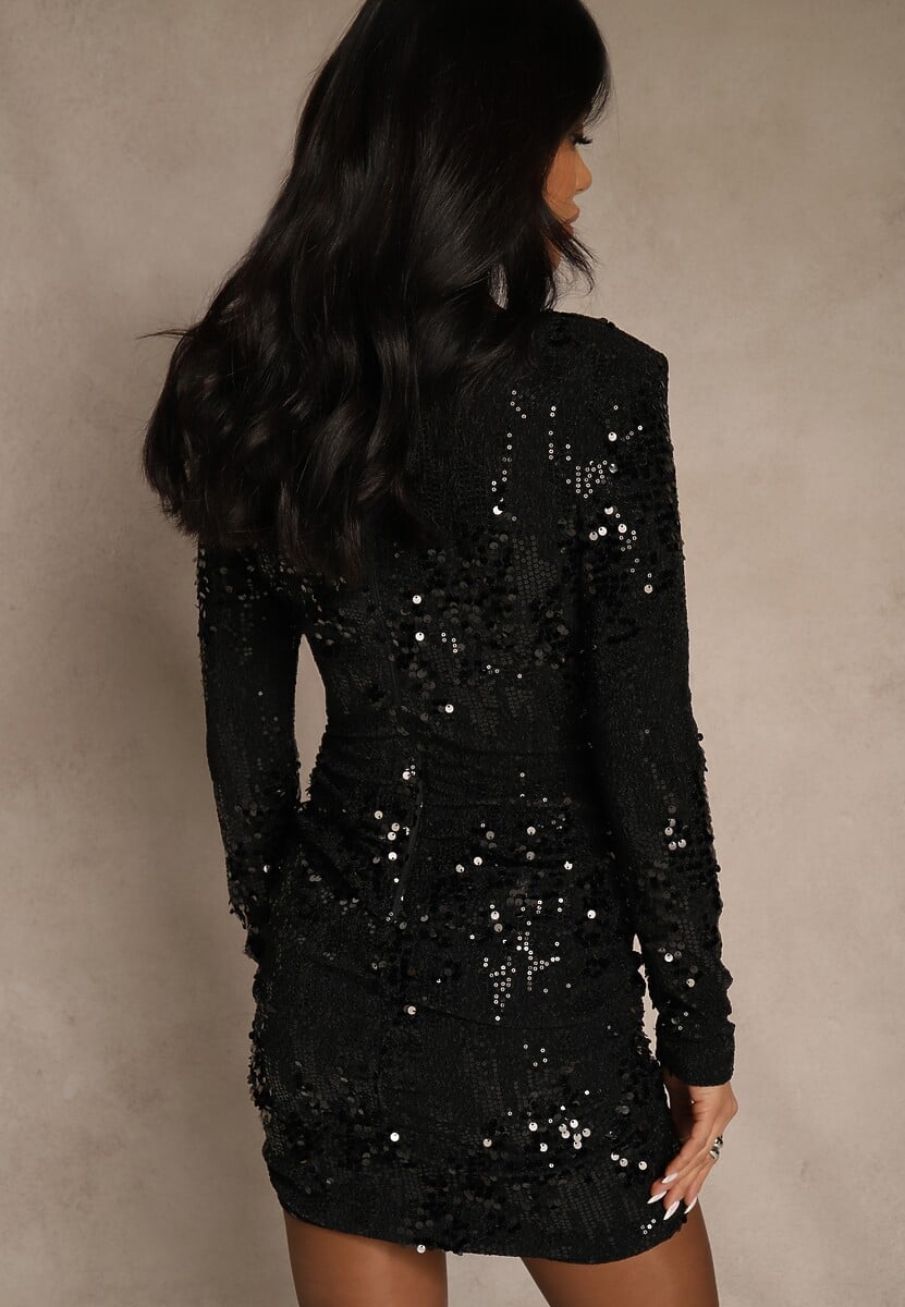 Czarna Cekinowa Sukienka Longsleeve o Dopasowanym Kroju z Dekoltem V Loweda 3
