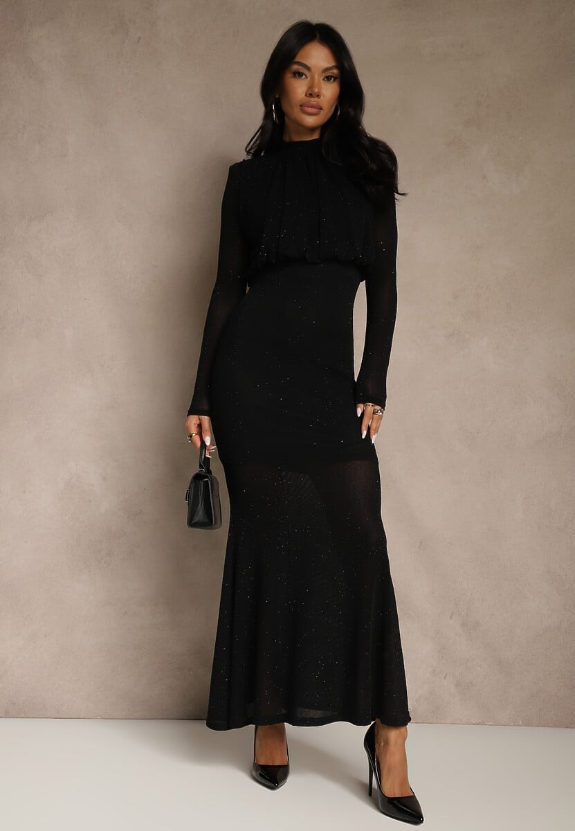 Czarna Cyrkoniowa Sukienka Longsleeve o Taliowanym Kroju z Bufiastą Górą Iwedesa 2