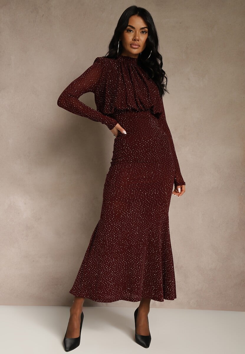 Bordowa Cyrkoniowa Sukienka o Taliowanym Kroju z Bufiastą Górą i Gumką w Pasie Iwedesa 1