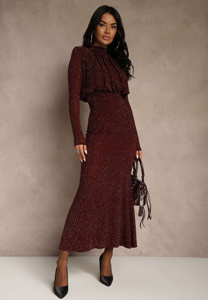 Bordowa Cyrkoniowa Sukienka o Taliowanym Kroju z Bufiastą Górą i Gumką w Pasie Iwedesa 2