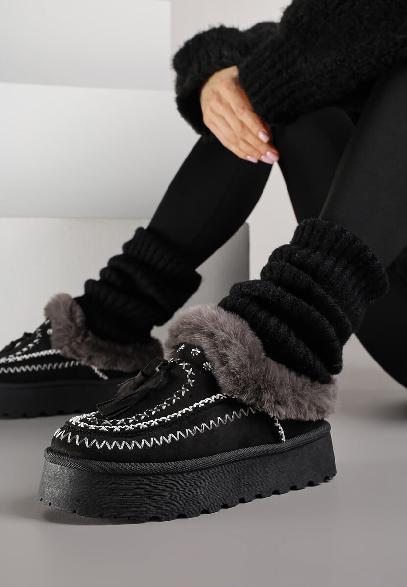 Czarne Śniegowce na Platformie Ozdobione Frędzlami i Haftem Ezivelle 1