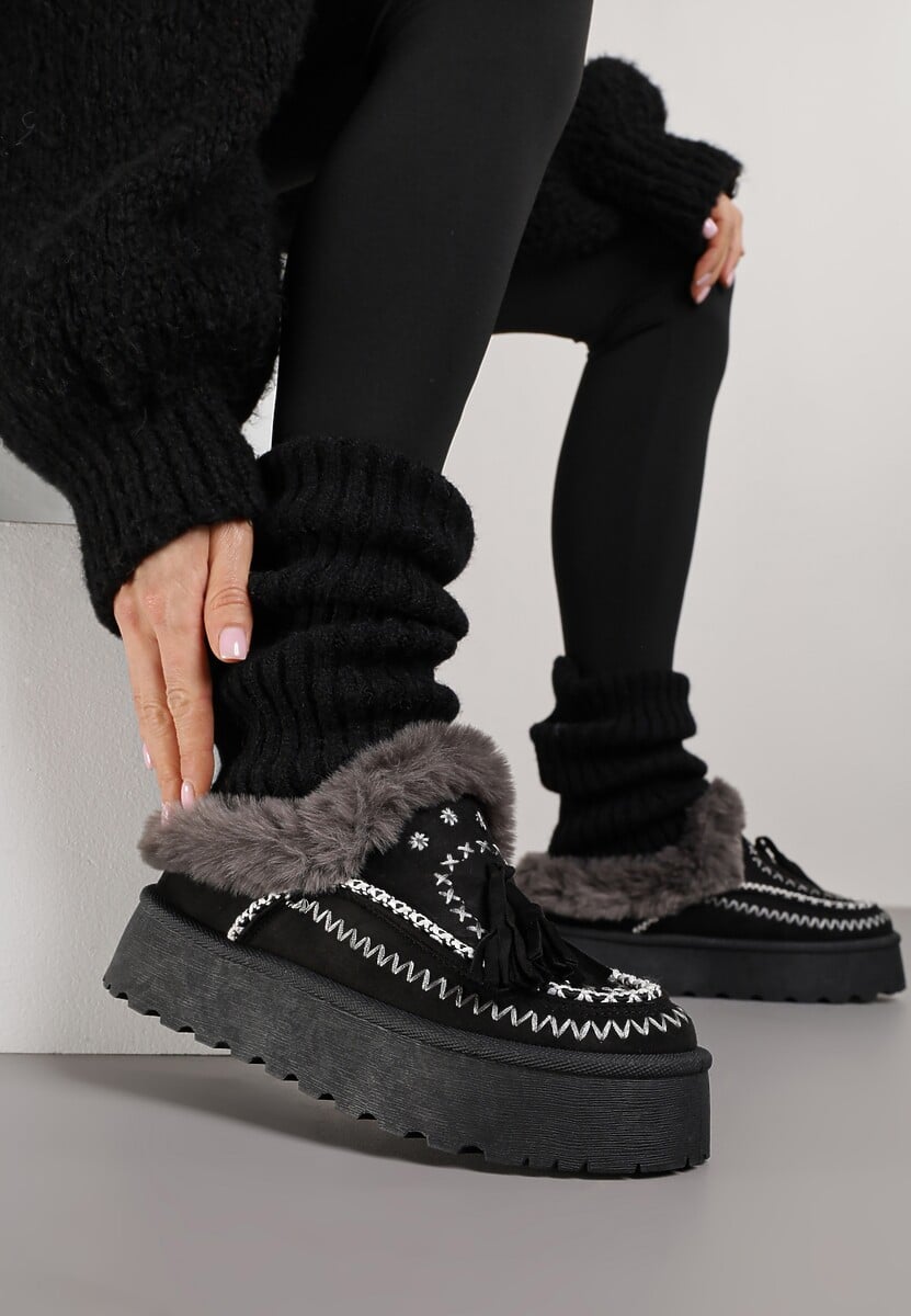 Czarne Śniegowce na Platformie Ozdobione Frędzlami i Haftem Ezivelle 2