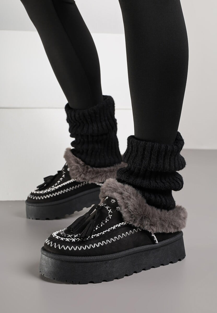 Czarne Śniegowce na Platformie Ozdobione Frędzlami i Haftem Ezivelle 3