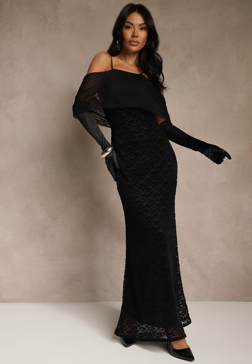 Czarna Sukienka o Asymetrycznym Kroju Ozdobiona Falbaną Owedia 2