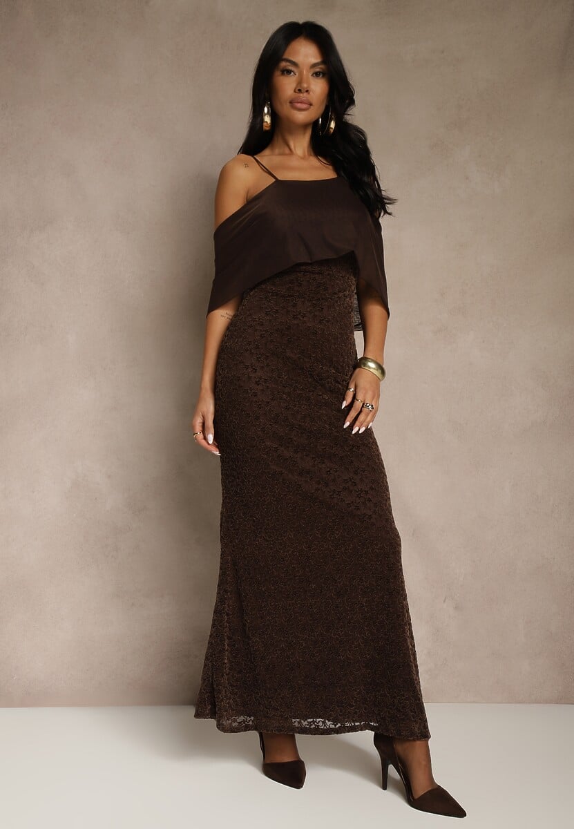 Brązowa Sukienka o Asymetrycznym Kroju Ozdobiona Falbaną Owedia 1