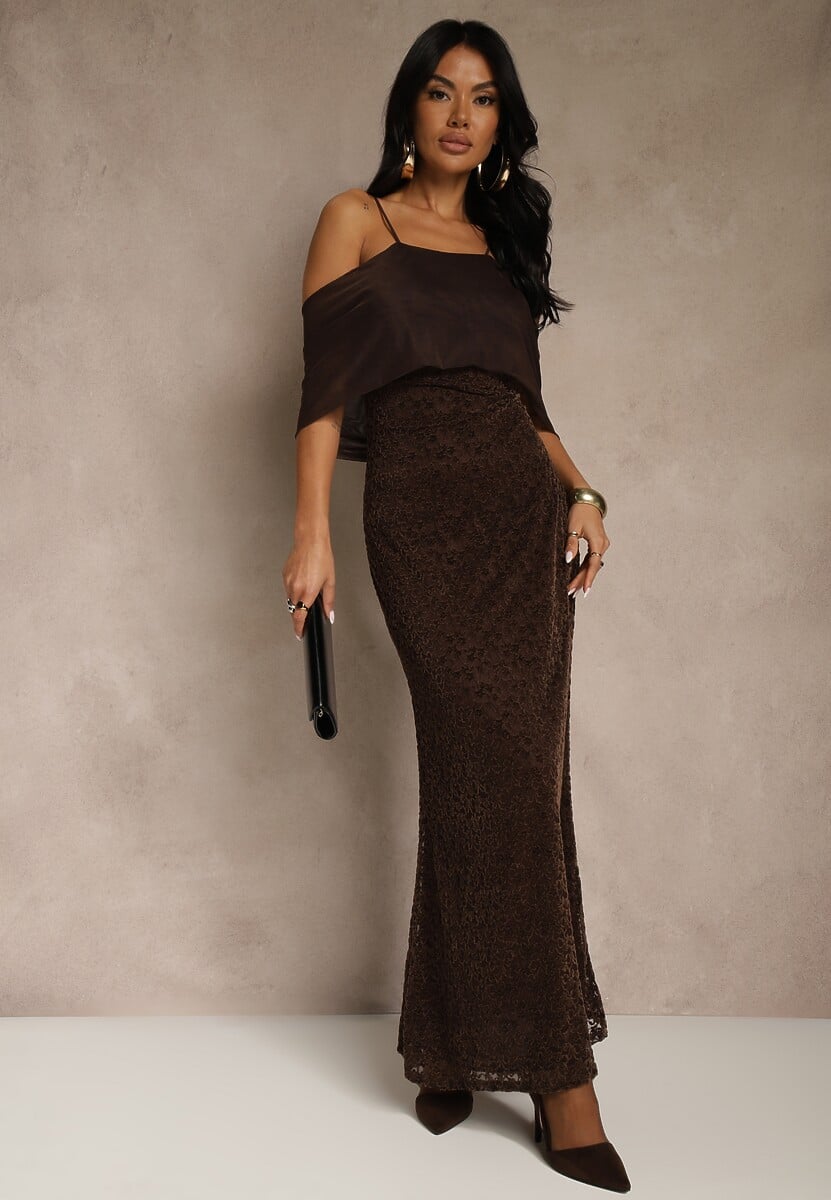 Brązowa Sukienka o Asymetrycznym Kroju Ozdobiona Falbaną Owedia 2