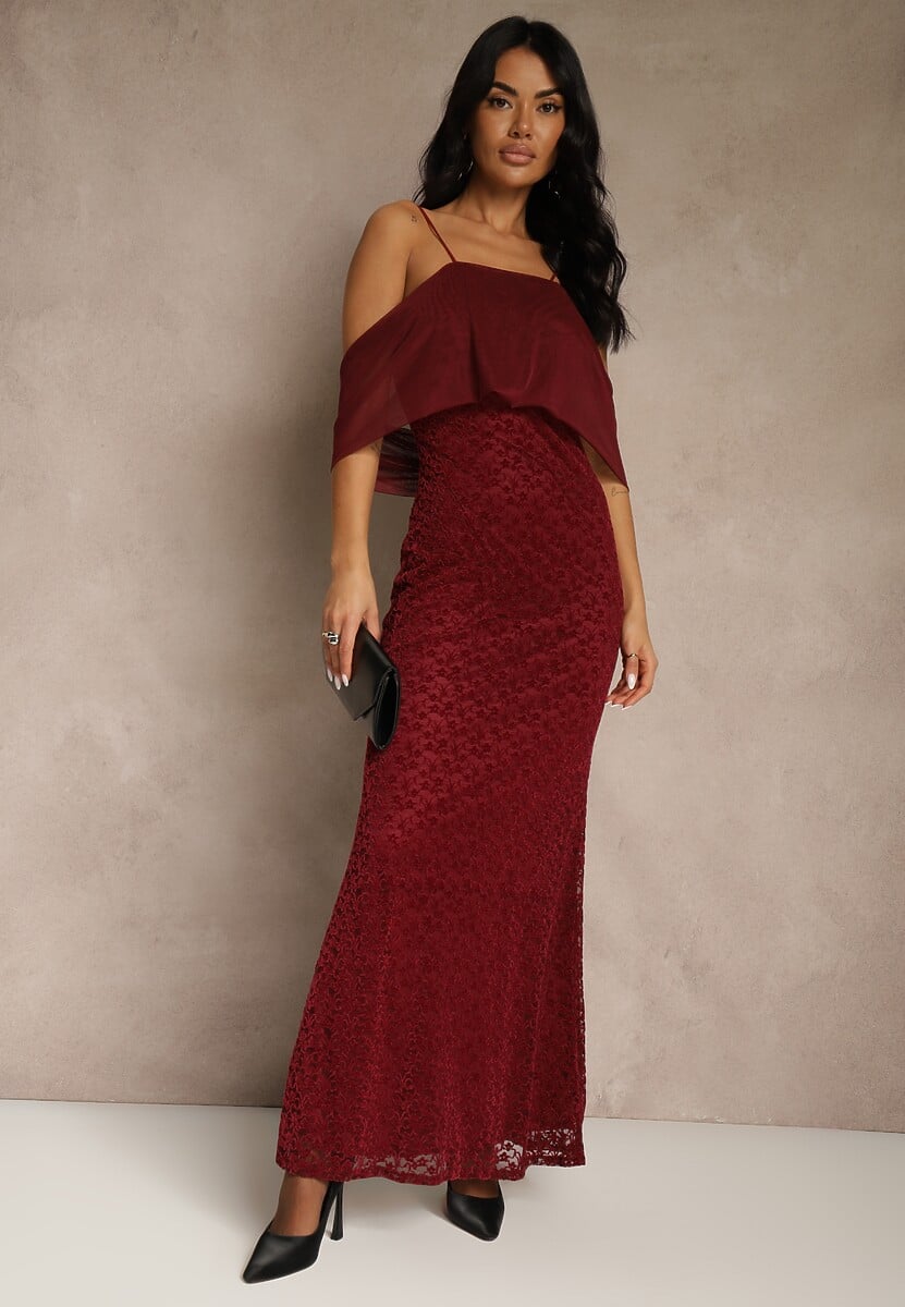 Bordowa Sukienka o Asymetrycznym Kroju Ozdobiona Falbaną Owedia 1