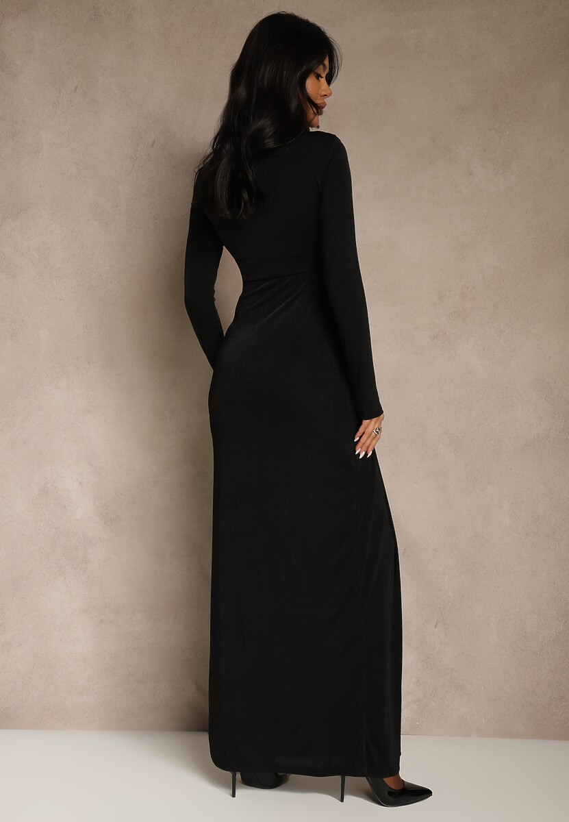 Czarna Marszczona Sukienka Longsleeve Zdobiona Aplikacją w Talii Siweda 3