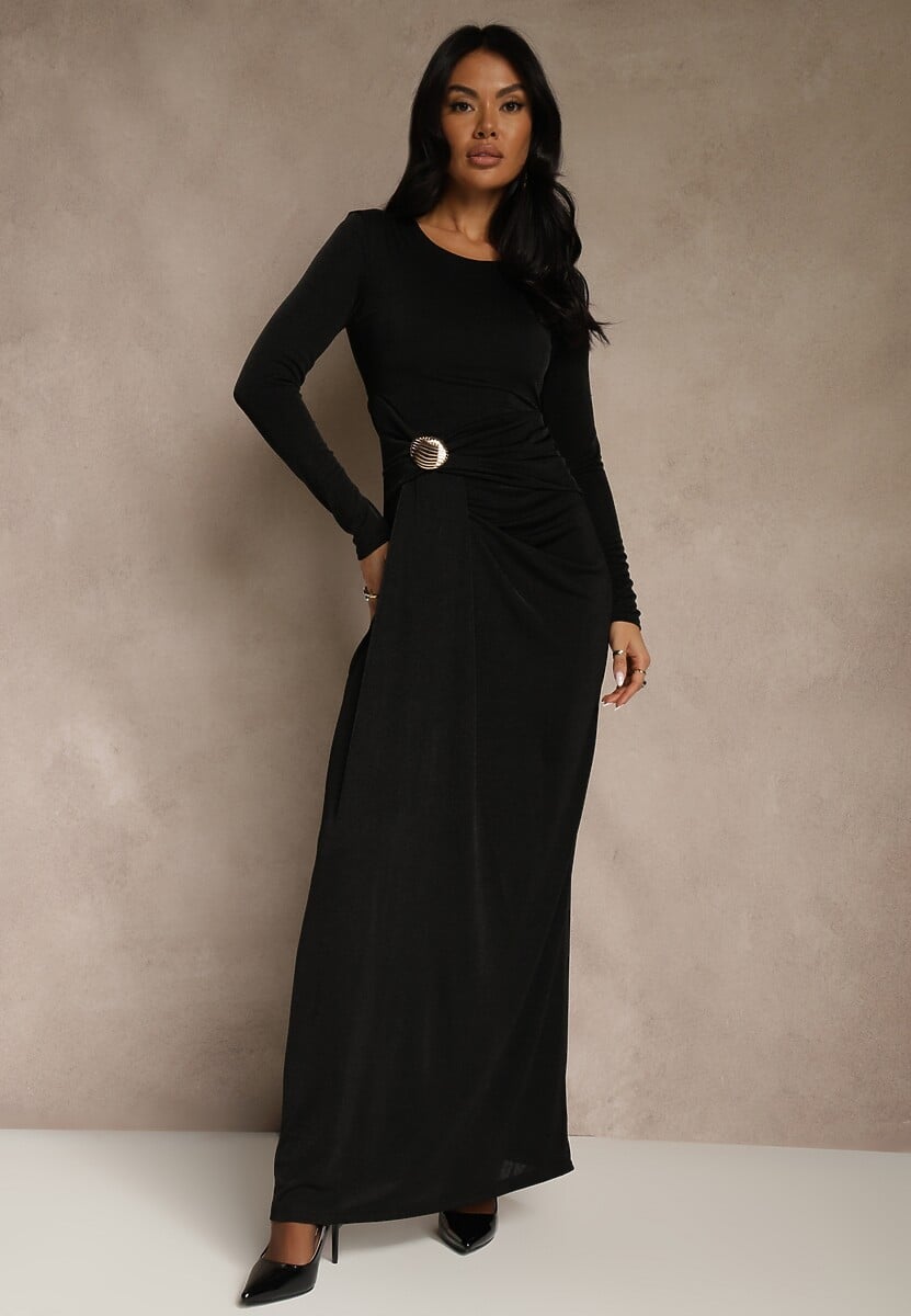 Czarna Marszczona Sukienka Longsleeve Zdobiona Aplikacją w Talii Siweda 1