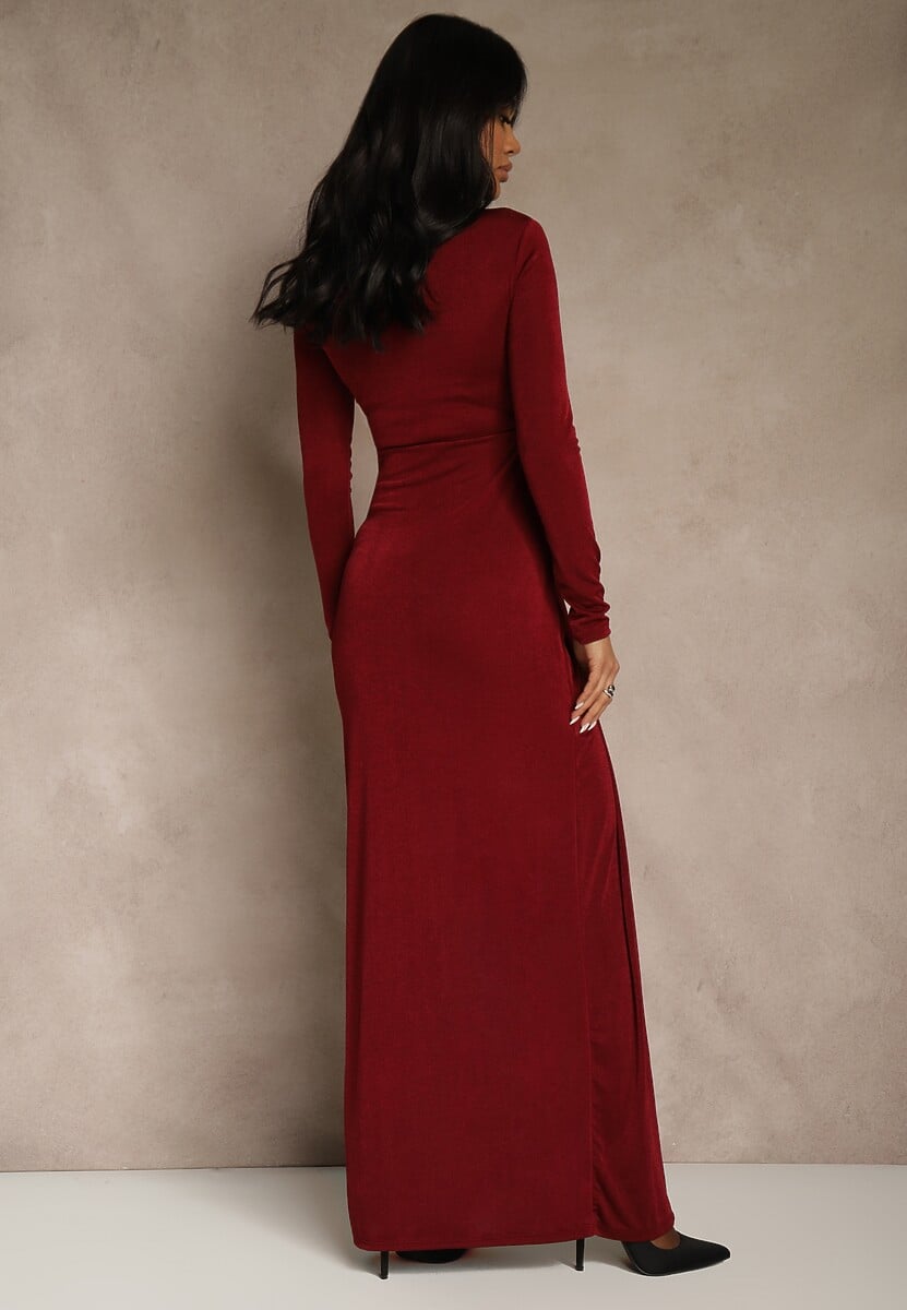 Bordowa Marszczona Sukienka Koktajlowa Zdobiona Aplikacją w Talii Siweda 3