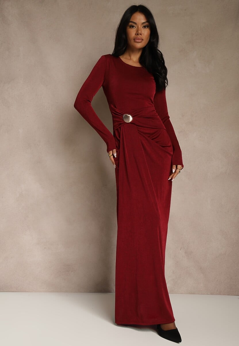 Bordowa Marszczona Sukienka Koktajlowa Zdobiona Aplikacją w Talii Siweda 1