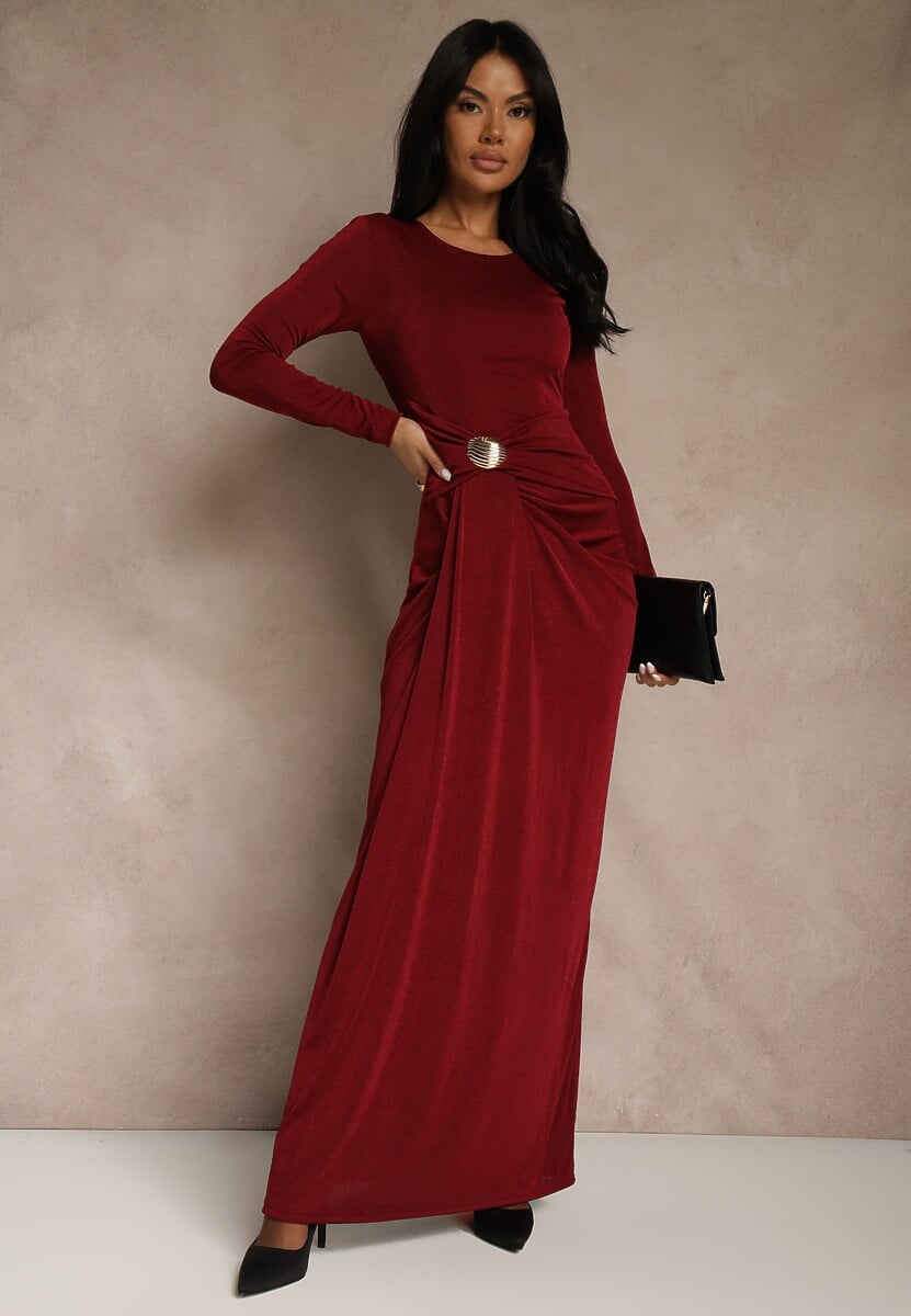 Bordowa Marszczona Sukienka Koktajlowa Zdobiona Aplikacją w Talii Siweda 2