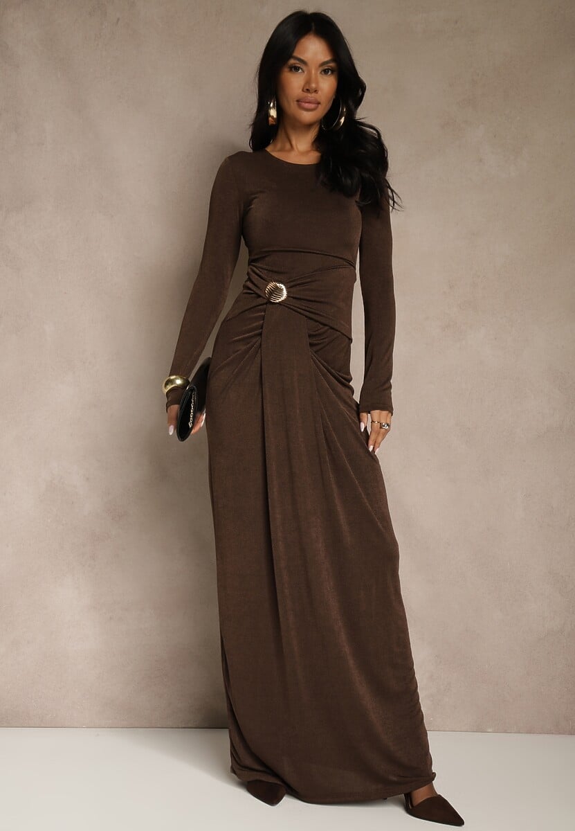 Brązowa Marszczona Sukienka Longsleeve Zdobiona Aplikacją w Talii Siweda 1