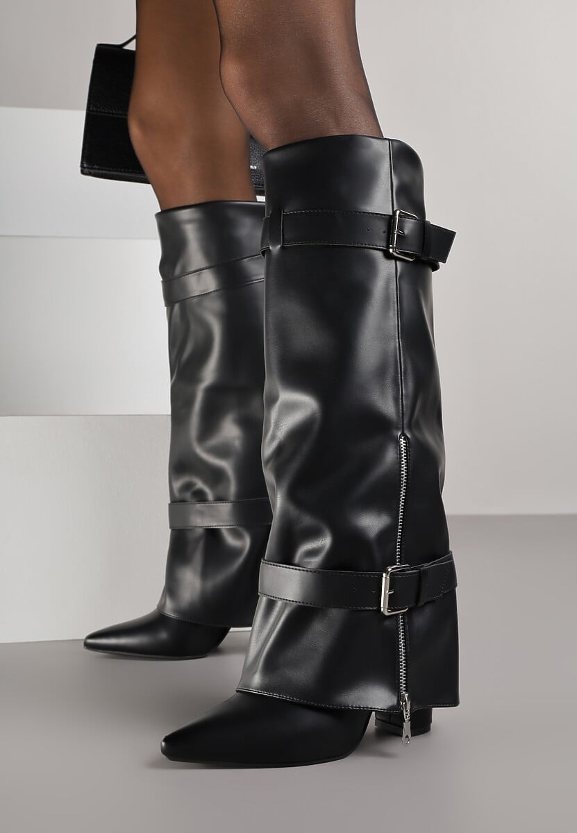 Czarne Kozaki na Słupku z Cholewką Imitującą Nogawkę ze Sprzączkami Unwedara 1