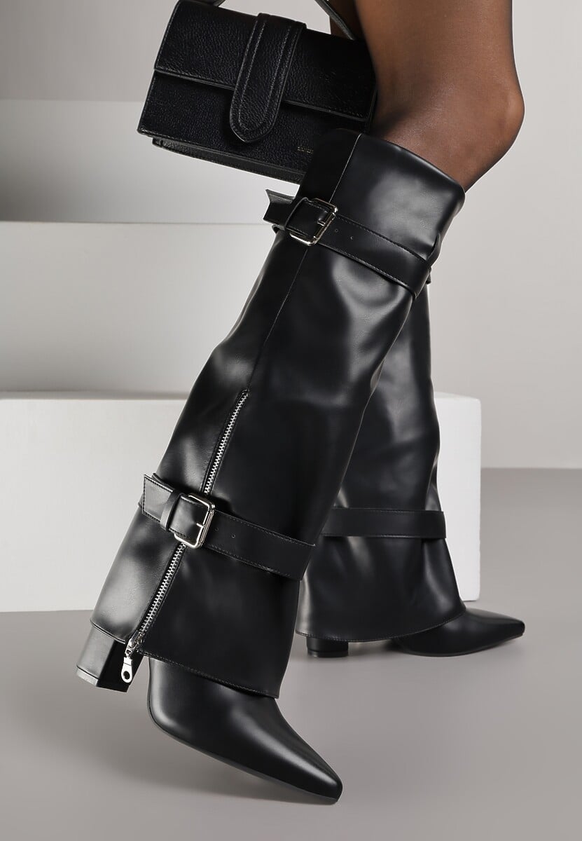 Czarne Kozaki na Słupku z Cholewką Imitującą Nogawkę ze Sprzączkami Unwedara 2