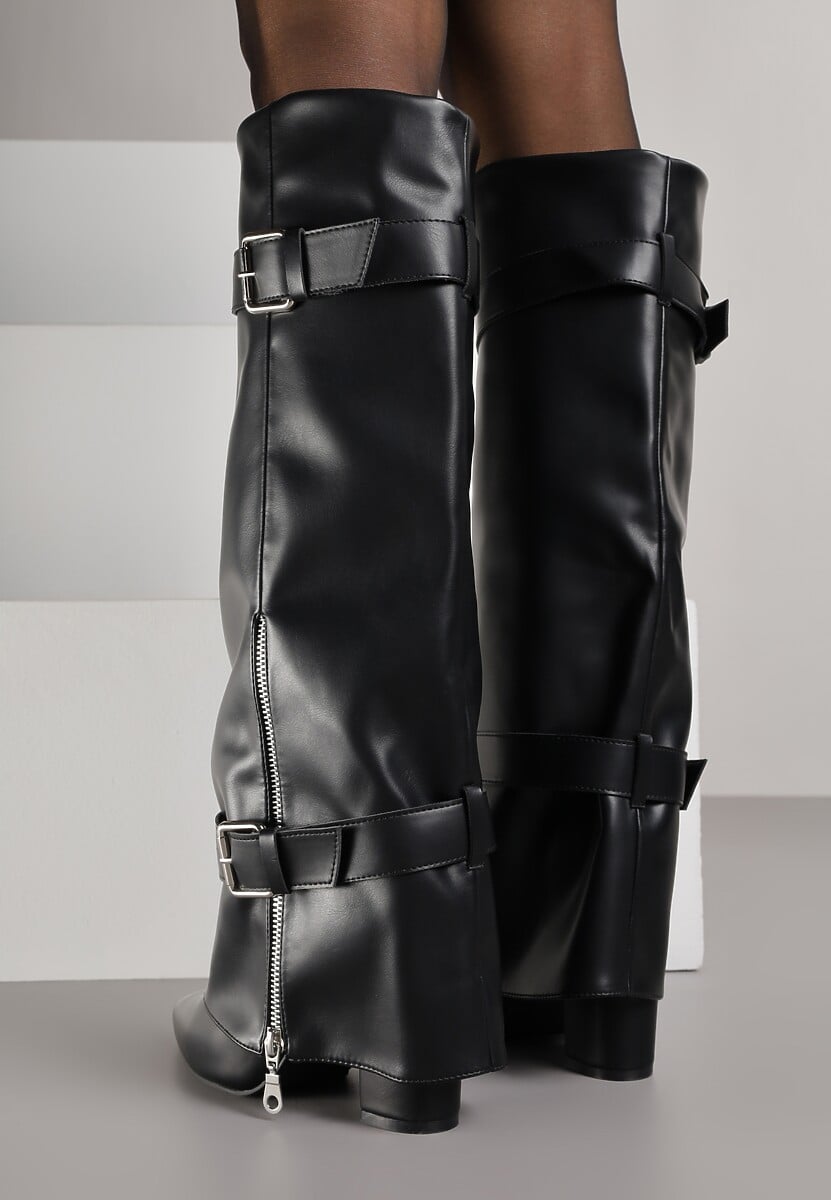 Czarne Kozaki na Słupku z Cholewką Imitującą Nogawkę ze Sprzączkami Unwedara 3