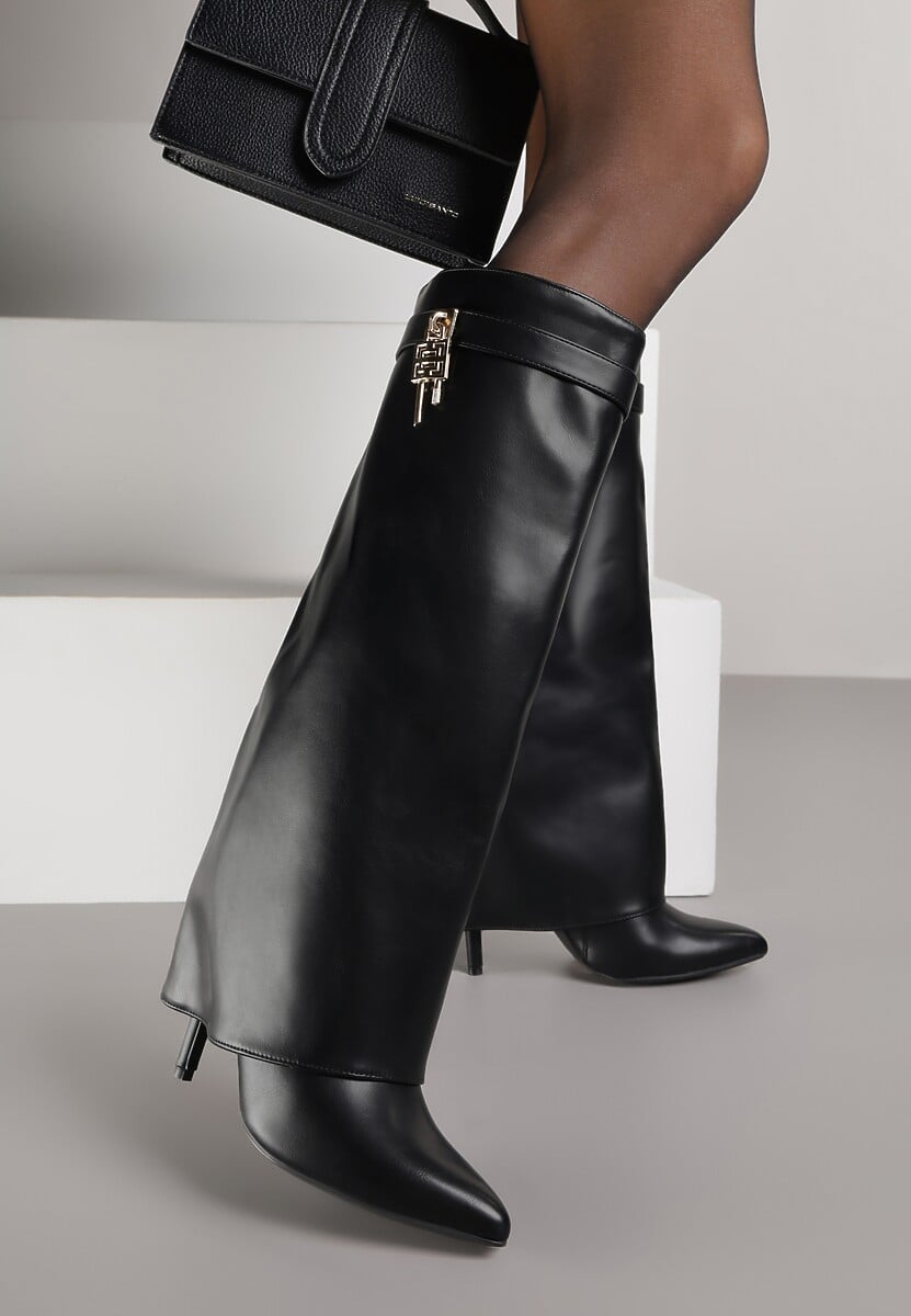 Czarne Kozaki na Szpilce z Wywiniętą Cholewką Zdobioną Aplikacją Kłódką Vetidore 2