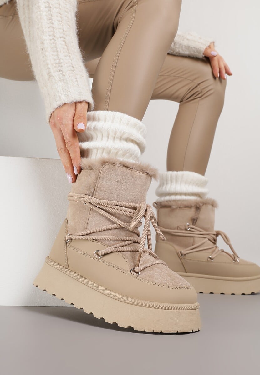 Ciemnobeżowe Śniegowce na Platformie Ozdobione Futerkiem Anwedea 2