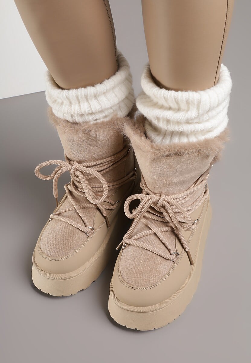 Ciemnobeżowe Śniegowce na Platformie Ozdobione Futerkiem Anwedea 3